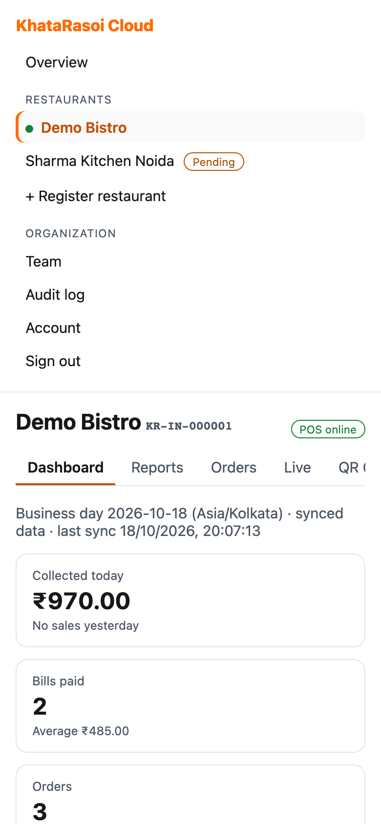 KhataRasoi Owner screen